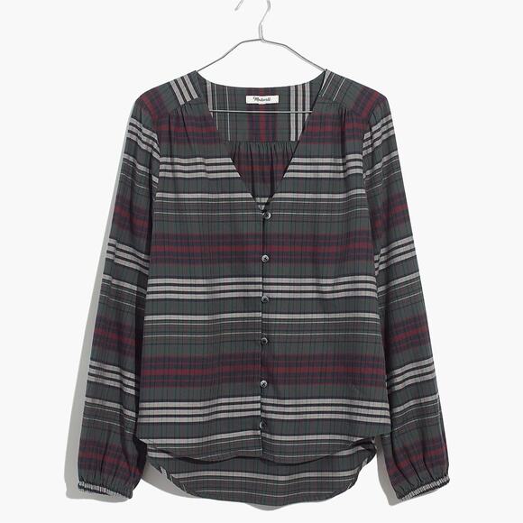 Madewell V-Neck Button Down Shirt in Pineview Plaid Green Flannel Top - Picture 2 of 13